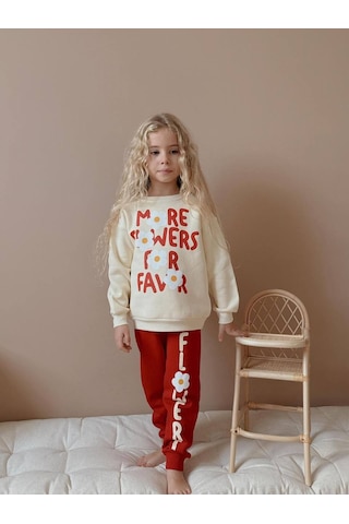 Kız Çocuk Papatya Desenli 3 İplik Şardonlu Takım Kırmızı