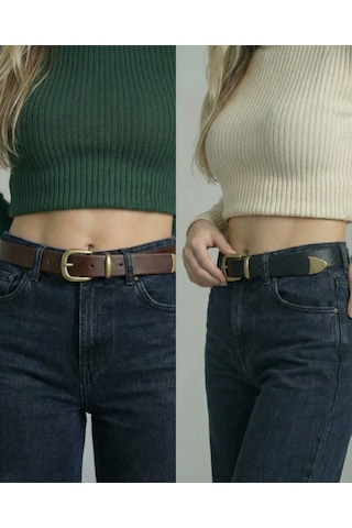 %100 Hakiki Deri Kadın Kemer Metal Köprü & Metal Uç Detaylı, 3 Cm Günlük Şık Tasarım Siyah Kahverengi