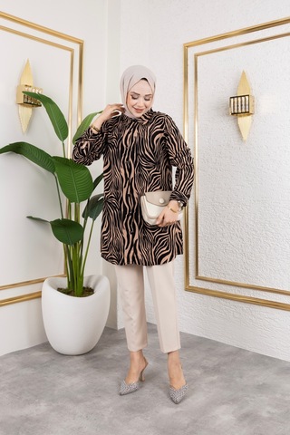 Hira Life Fashion Kadın Tesettür Giyim Ve Spor Giyime Uygun Düğme Detaylı Şık Desenli Dokuma Viskon Gömlek-tunik Vizon 2 Vizon 2