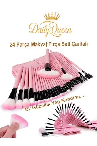 Daily Queen 24 Parça Makyaj Fırça Seti Penbe Deri Çantalı Lüx Ve Kaliteli
