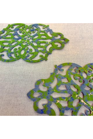 Uretti - Gülin 6449 - Ebru Sanatı İle Elde Yapılmış Lazer Kesim Keçe Supla 2li Takım 40cm - Yeşil Yeşil