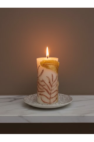 Tüy Kabartmalı Silindir Mum 14cm Altın - Beyaz