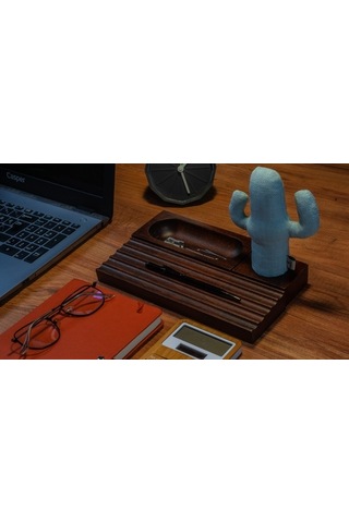 Kayıgo Woody Koyu Kahverengi Üçlü Ofis Seti - Mavi Kaktüs Renkli