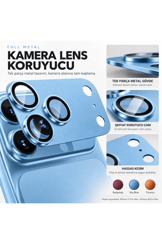 Premium Metal Lens Koruyucu İphone 17/18 Pro İle Uyumlu Gökyüzü Mavisi