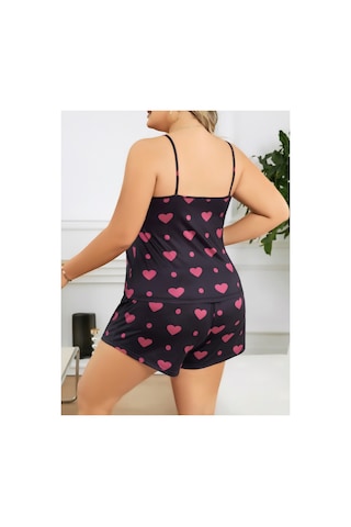 Lily Bianca Nightwear Büyük Kiraz Desenli Askılı Ve Şortlu Büyük Beden Penye Gecelik Siyah