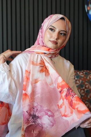 Afvente Manolya Çiçek Desen Nar Çiçeği Soft Pamuk Şal Çok Renkli