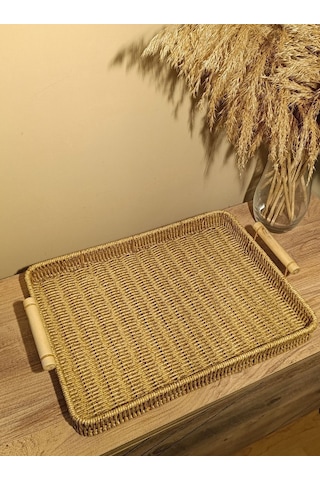 Hasır Rattan Sunum Tepsi Geniş Organizer Bambu Kulplu Dikdörtgen Diğer
