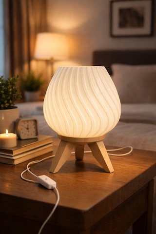 3d Baskı Dalgalı Beyaz Gece Lambası Ahşap Ayak Görünümlü Minimalist Abajur