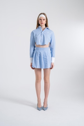 Holly Lolly Çizgili Pilili Mini Harmony Poplin Etek Mavi