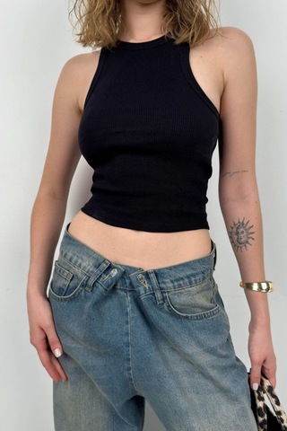 Halter Yaka Kolsuz Bluz Siyah