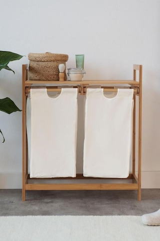Digithome Bambu 2 Bölmeli Kirli Sepetli Çamaşır Sepeti Raflı Banyo Düzenleyici Db-0007 Ahşap