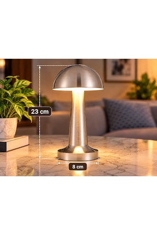 Modern Tasarımlı Led Masa Lambası - 3 Mod Metalik Gümüş Renk Dekoratif Abajur, Şık Ve Minimalist Masaüstü Aydınlatma Gri