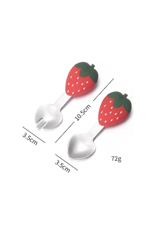 Jojobebek Kaşık Çatal Seti, Ergonomik Kısa Saplı Silikon, Paslanmaz Çelik Uçlu, Saklama Kutulu, (9-24 Ay) (Çilek Figürlü)