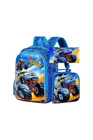 Maxaccess 16 Two Car Hy 3 Adet Sırt Çantası Erkek Çocuk Okul Çantası Yemek Kutusu Siyah Yeşil 16 İki Araba Hy
