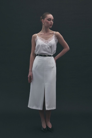 Sateen Anna Yırtmaçlı Etek - Ekru-137174 Ekru