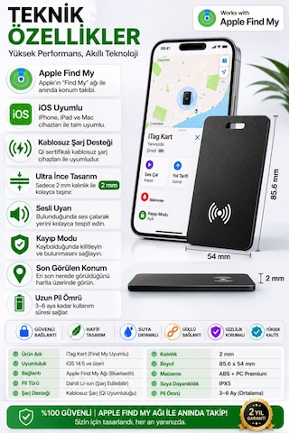 Aircard Find My Destekli Kartlık Takip Cihazı İphone Ve Android Uyumlu Kablosuz Şarj Akıllı Gps Siyah