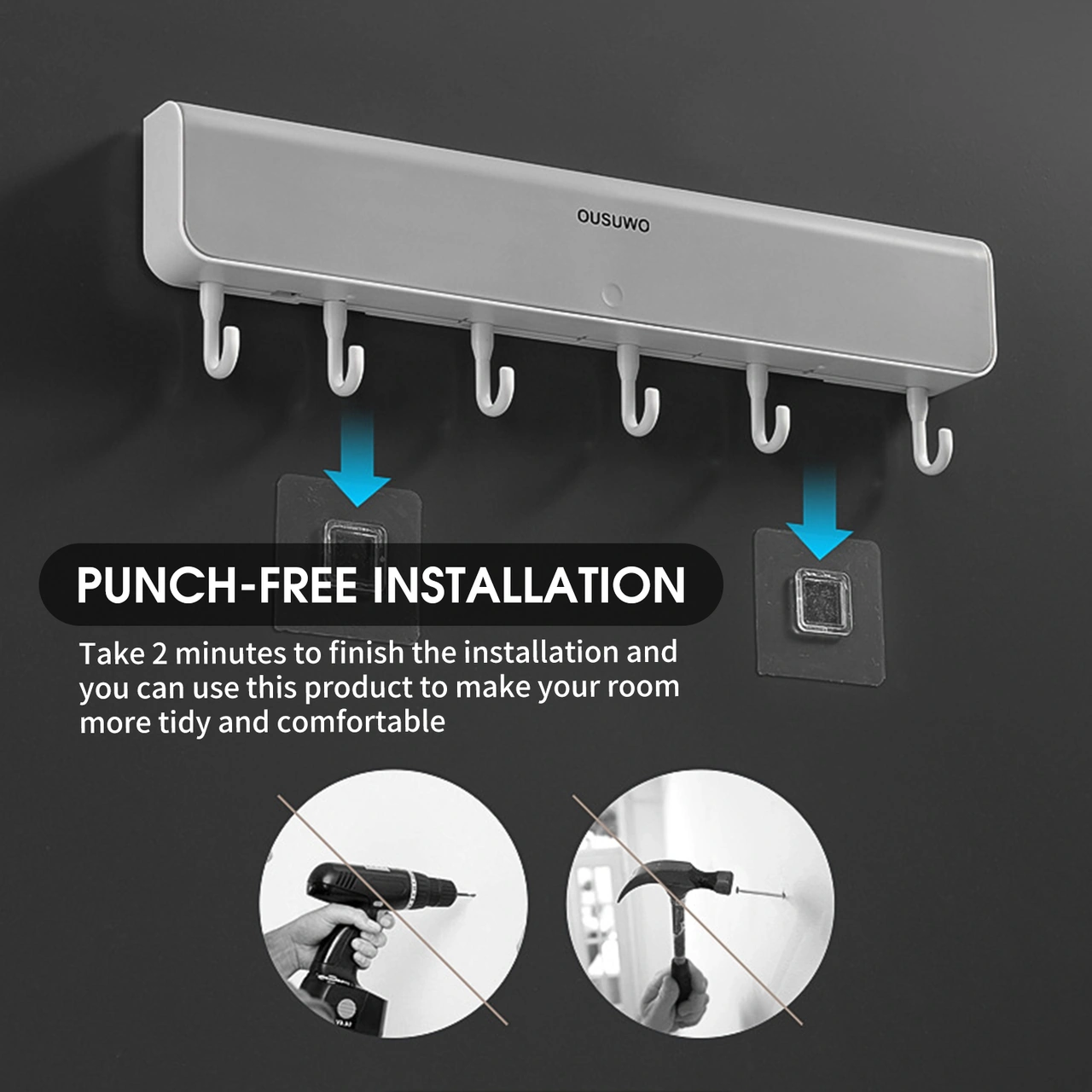 Padalink Gri Abss 6 Kanca Ve 4 Bölmeli Sürekli Taşınabilir Dürtme Açılır Duvar Takımı - 5kg Yük Dayanımı, Ev/ofis/okul Depolama Gri