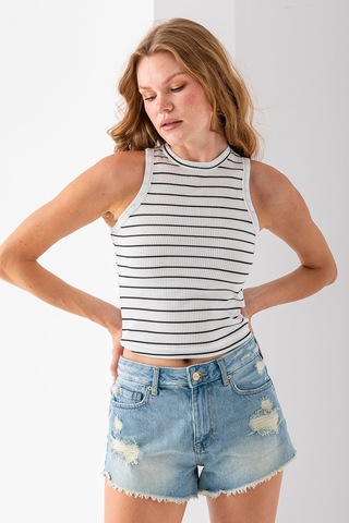 Giysa Kadın Bisiklet Yaka Kolsuz Çizgili Basic Body Siyah - 25507 Siyah
