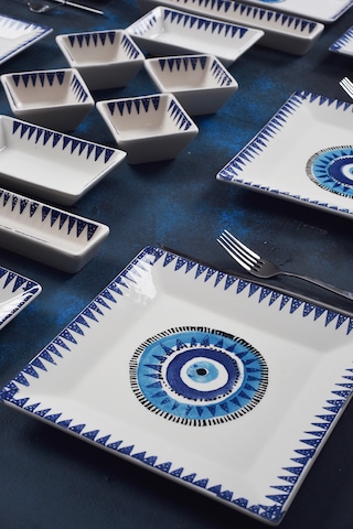 Piatti Naturali 16 Parça 6 Kişilik Nazar Kahvaltı Takımı Handmade Sunum Seti Mavi