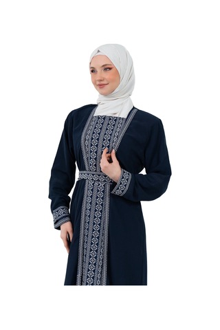 Zaytoon Nakışlı İç Elbiseli Ve Kemerli İki Parçalı Filistin Mirası Abaya Seti Lacivert