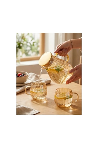 Modern Borosilikat Dilimli 1800 Ml Cam Sürahi Ve 300ml 2li Bardak Çay, Meyve Detoksu Ve Soğuk İçe Şeffaf