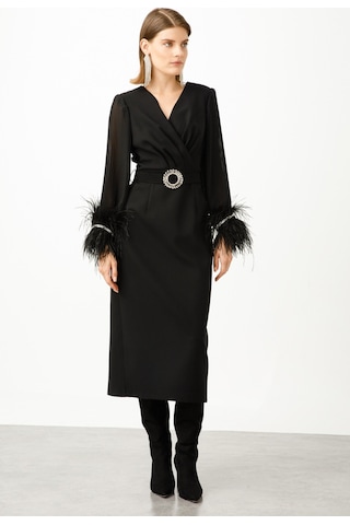 Moda İlgi Kadın Kolları Pliseli Manşeti Otrişli Uzun Elbise B06528 Siyah Siyah