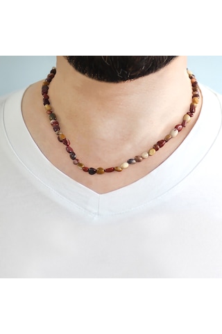 Silver Renk Metal Zincirli Amorf Jasper Doğaltaş Erkek Kolye Gümüş