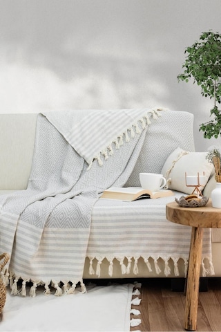 Reno Desen Dokuma %100 Pamuklu Çok Amaçlı Pike Koltuk Örtüsü 180x230 Gri