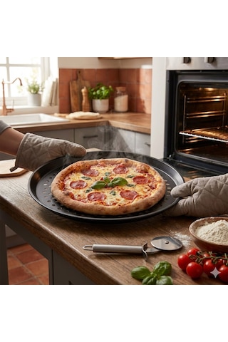 23 Cm Delikli Teflon Pizza Tepsisi Yanmaz Yapışmaz Fırın Kabı Fırın Tepsisi Siyah