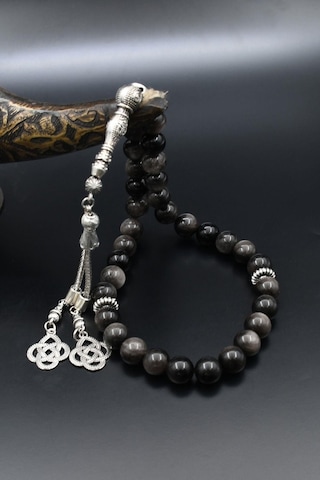 Doğal Obsidyen Taşlı 33'lük Tesbih Metal Püsküllü 10mm Küre Kesim 902513