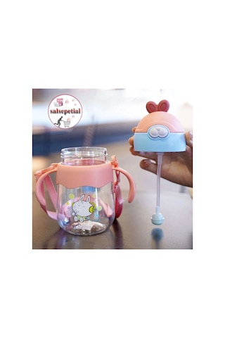 300ml Figürlü Pipeti Suluk Bebek Matara Askılı Sevimli Su Şişesi Bebek Pipetli Biberon Matara Pembe