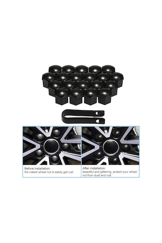 Springsun 17mm Abs Plastik Araba Tekerlek Somun Kapağı, Korozyona Dayanıklı, Siyah Kaplama, 20 Adet + Çıkarma Aracı