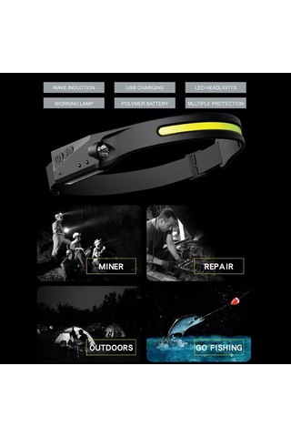 Kosona Usb Şarjlı Ipx4 Su Geçirmez 350 Lumen 10w Cob Kafa Feneri - Outdoor Bisiklet, Gece Koşu, Balıkçılık İçin Siyah Kadın Kullanıma Özel Çok Renkli