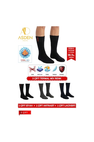 Asden 6 Çift Termal Erkek Çorap Ekstra Kalın Havlu Premium Pamuklu Burun Dikişsiz Kısa Konç Siyah Mix3
