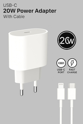 Ferro W20 Apple Uyumlu iPhone Tüm Modeller İçin Hızlı Şarj Aleti Set 20w Adaptör & Usb-c Kablo