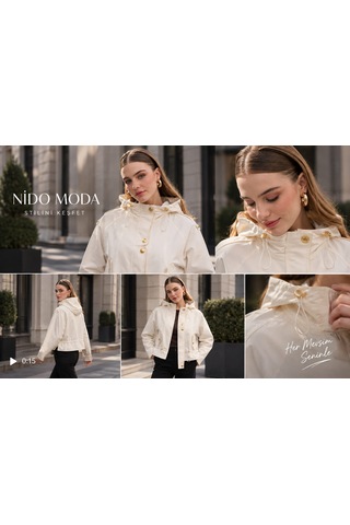 Nido Moda Kadın Ekru Kapüşonlu Büzgü Detaylı Yağmurluk Su
