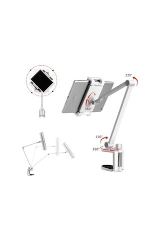 Alüminyum Uzun Kollu Ayarlanabilir Tablet Standı, 360 Derece Döndürülebilir, Apple iPhone Uyumlu/ipad/ipad Mini/ipad Pro 12,9 İnç Herhangi Bir Telefon/tablet 4-13 İnç, Ev, Ofis, Mutfak Ve Yatak Kullanımına Uygun