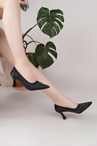 Nesilshoes Nesil Shoes Elva 021 Siyah Saten Üzeri Taşlı Topuklu Kadın Stiletto
