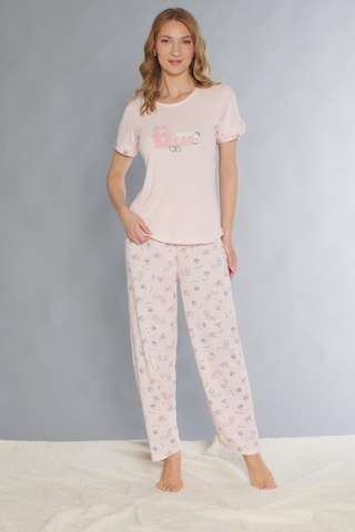 Dowry Kısa Kol Pijama Takım Sevimli Desenli Yazlık Viskon Pijama Dowry 08-127 Pembe