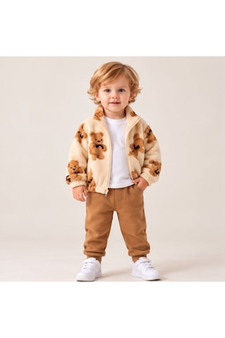 Maxx Kelın Erkek Bebek Ayıcık Desenli Peluş Fermuarlı Mont Ve Pantolon 2'li Takım 9-12-18 Ay Ekru