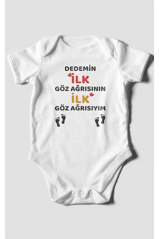 Dedemin İlk Göz Ağrısıyım Baskılı Bebek Zıbını Çıtçıtlı Body %100 Pamuk Kısa Kol Beyaz