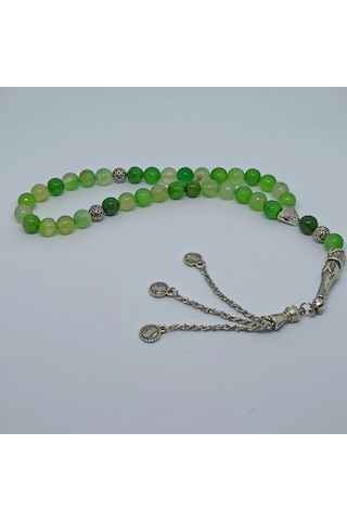 Kesebe Doğal Yeşil Akik Jade Yeşim Taşlı Tespih - El Yapımı Koleksiyonluk Parça Çok Renkli