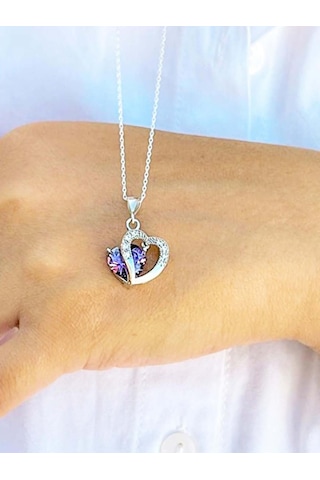 Brezza Lusso Jewelry Gümüş Kolye Ametist Taşı Kalp Kadın Kolye 45 CM