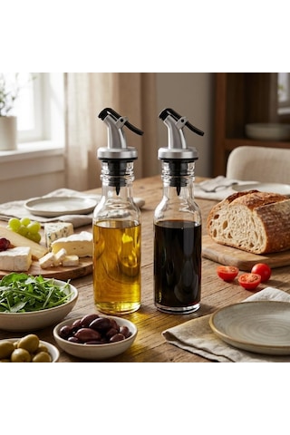 Lexroo 2 Li Cam Yağlık Sirkelik Seti, 300 Ml X 2, Akış Kontrollü Kapaklı Zeytinyağı Ve Sirke Şişesi Çok Renkli