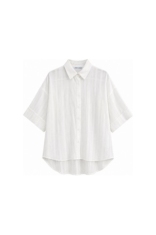 Vadon 1030 Kadın Pamuklu Çizgili Hafif Transparan Kısa Kollu Oversize Gömlek Beyaz
