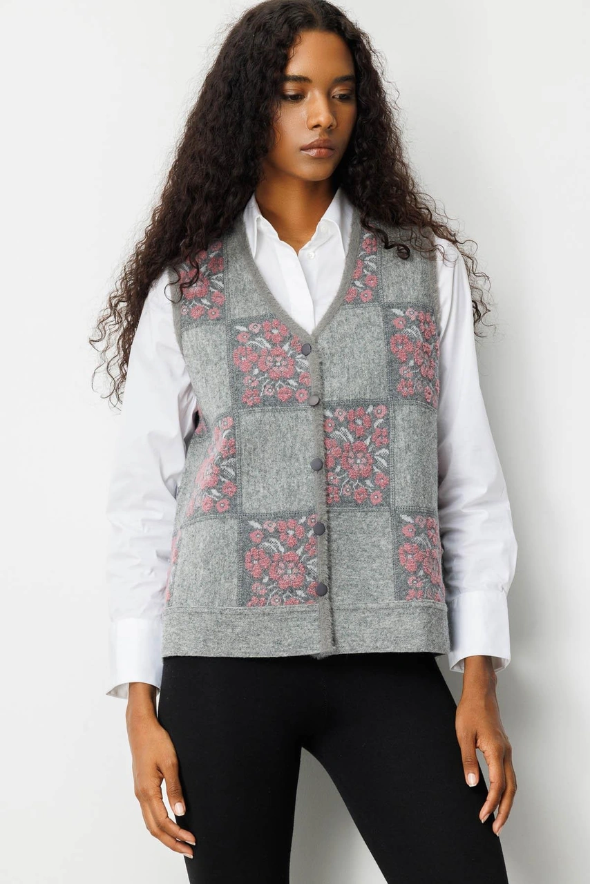Desen Triko Kadın Pıtırcık Çiçekli Patchwork Keçe Yün Yelek Y.füme Y.g.kurusu Y.füme Y.g.kurusu