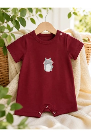 Ferasty İstanbul Unisex Bebek Tulum Kedi Desenli Kırmızı