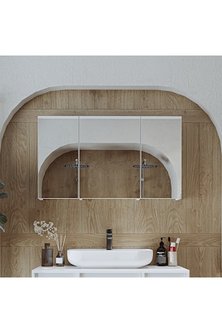 Banyo Dolabı Kulpsuz 3 Kapaklı Mdf 105 Cm Aynalı Banyo Üst Dolabı Mat Beyaz