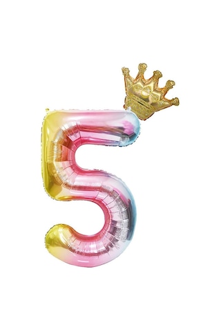 5 Yaş Gökkuşağı Rakam ve Kral Tacı Folyo Balon Doğum Günü Parti K