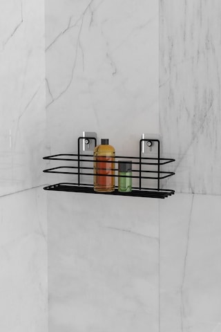 Eva Metal Tasarim Banyo Düzenleyici Şampuanlık Sabunluk Yapışkanlı Banyo Rafı Mat Siyah Duş Rafı Organizer Siyah